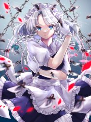 Rule 34 | 1girl, apron, arm up, back bow, blue dress, blue eyes, blush, bow, braid, breasts, buttons, closed mouth, commentary request, dress, eyelashes, frilled apron, frilled dress, frills, gloves, gradient background, hair ribbon, highres, holding, holding knife, izayoi sakuya, knife, komori (komo ricecake), looking at viewer, maid, maid apron, maid headdress, medium breasts, parted bangs, puffy short sleeves, puffy sleeves, ribbon, shirt, short sleeves, signature, silver hair, smile, solo, standing, too many, touhou, tress ribbon, twin braids, waist apron, white apron, white gloves, white shirt, wing collar