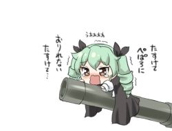 Rule 34 | 10s, 1girl, anchovy (girls und panzer), brown eyes, cannon, cape, chibi, commentary, drill hair, gale kawaii, girls und panzer, green hair, hair ribbon, long hair, open mouth, ribbon, shirt, simple background, solo, tears, text focus, translated, trembling, twin drills, twintails, wavy mouth, white background, white shirt, aged down