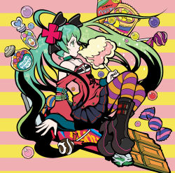 Rule 34 | 1girl, ahoge, album cover, aqua eyes, aqua hair, arm strap, boots, bra, candy, chewing gum, chips (food), chocolate, chocolate bar, choker, cotton candy, cover, eating, food, food bite, gumball, halterneck, hatsune miku, highres, horizontal-striped background, iosys, jawbreakers, lollipop, long hair, pantyhose, sakamoto kouji, skirt, skull print, solo, sparkle, star (symbol), striped background, striped bra, striped clothes, striped pantyhose, underwear, vocaloid, wide sleeves