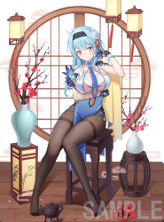 Rule 34 | 1girl, absurdres, alternate costume, arm under breasts, between breasts, black footwear, black gloves, black hairband, black pantyhose, blue dress, blue hair, blue necktie, bracelet, breasts, center opening, china dress, chinese clothes, cleavage, closed mouth, dress, eula (genshin impact), flower, full body, genshin impact, gloves, hair flower, hair ornament, hair ribbon, hairband, hand up, highres, jewelry, lantern, large breasts, long hair, looking at viewer, necktie, necktie between breasts, no shoes, pantyhose, paper lantern, purple eyes, red ribbon, ribbon, round window, sample watermark, sitting, sleeveless, sleeveless dress, smile, solo, stool, teapot, thighband pantyhose, vase, vision (genshin impact), watermark, white background, white flower, window, wooden floor, yansuiyuluo