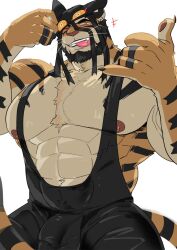 Rule 34 | +++, 1boy, abs, absol (dkqthf), animal ears, bandaged hand, bandages, bara, bare pectorals, beard, black hair, black singlet, cat mask, chest tuft, commentary, covered penis, cowboy shot, dream tiger (govy9807), english commentary, facial hair, fangs, fingernails, full beard, furry, furry male, glint, huge pectorals, looking at viewer, male focus, mask, multicolored fur, muscular, muscular male, navel, nipples, one eye closed, orange fur, original, pawpads, pectorals, piercing, removing mask, shaka sign, sharp fingernails, short hair, simple background, solo, tail, tiger boy, tiger ears, tiger stripes, tiger tail, tongue, tongue out, tongue piercing, v-taper, variant set, whiskers, white background