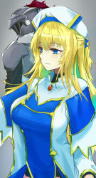 Rule 34 | 1boy, 1girl, blonde hair, blue eyes, breasts, closed mouth, commentary request, dress, goblin slayer, goblin slayer!, grey background, helmet, highres, light blush, light smile, long hair, long sleeves, looking away, lzayui sabeth, medium breasts, priest, priestess (goblin slayer!), simple background, standing, two-tone dress, upper body, white dress, white headwear