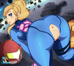 Rule 34 | 1girl, all fours, anus, ass, blonde hair, blue eyes, bodysuit, cleft of venus, from behind, helmet, hizzacked, looking back, metroid, nintendo, ponytail, pussy, samus aran, solo, uncensored, zero suit