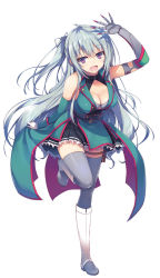Rule 34 | 1girl, ange vierge, arm up, bare shoulders, boots, breasts, claws, cleavage, cleavage cutout, clothing cutout, frills, full body, gloves, grey thighhighs, holster, knee boots, large breasts, leg up, long hair, looking at viewer, nya lapucea, official art, open mouth, overskirt, pleated skirt, purple eyes, side ponytail, silver hair, simple background, single glove, skirt, sleeveless, smile, solo, stan, thigh holster, thighhighs, tomose shunsaku, white background, white footwear, white gloves, zettai ryouiki