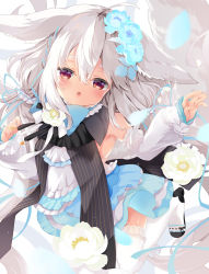 Rule 34 | 1girl, ahoge, animal ears, bare shoulders, black footwear, blue bow, blue flower, blush, bow, chestnut mouth, commentary request, detached sleeves, dress, flower, frilled thighhighs, frills, grey hair, hair between eyes, hair flower, hair ornament, high heels, highres, long hair, long sleeves, looking at viewer, natsuki yuu (amemizu), original, parted lips, puffy long sleeves, puffy sleeves, red eyes, sakurada shiro (hy plus), shoes, sleeveless, sleeveless dress, sleeves past wrists, solo, thighhighs, white dress, white flower, white sleeves, white thighhighs
