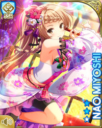 Rule 34 | 1girl, bare shoulders, bike shorts, braid, brown eyes, brown hair, card (medium), closed mouth, flower, girlfriend (kari), hair flower, hair ornament, indoors, japanese clothes, kimono, long hair, looking at viewer, matching hair/eyes, midriff, miyoshi nao, night, official art, pointing, pointing to the side, purple kimono, qp:flapper, smile, solo, standing, standing on one leg, tagme, umbrella