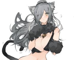 Rule 34 | 1girl, animal ears, animal hands, arknights, bell, between breasts, bikini, black bikini, black scarf, blush, breasts, cat ears, cat tail, cleavage, closed mouth, commentary, earrings, embarrassed, english commentary, eyes visible through hair, gloves, jewelry, large breasts, long hair, looking at viewer, midriff, mikozin, narrow waist, navel, parted bangs, paw gloves, ponytail, scarf, schwarz (arknights), silver hair, simple background, solo, sweatdrop, swimsuit, tail, upper body, white background