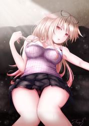 Rule 34 | 1girl, alternate costume, armpits, baileys (tranquillity650), black ribbon, black skirt, blonde hair, blush, breasts, cleavage, collarbone, couch, gradient hair, hair flaps, hair ornament, hair ribbon, half-closed eyes, head tilt, highres, holding, holding own hair, kantai collection, knees together feet apart, lingerie, long hair, looking at viewer, lying, medium breasts, messy hair, miniskirt, multicolored hair, open mouth, panties, pantyshot, pleated skirt, red eyes, red panties, ribbon, sidelocks, signature, skirt, solo, tank top, thighs, underwear, very long hair, yuudachi (kancolle), yuudachi kai ni (kancolle)