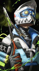 Rule 34 | 1boy, absurdres, apex legends, balisong, black background, black gloves, black shirt, blue jacket, butterfly knife (apex legends), cable, gloves, goggles, helmet, highres, jacket, knife, male focus, motorcycle helmet, nemoto yuuma, octane (apex legends), official alternate costume, pointing, pointing up, portrait, shirt, solo, the victory lap octane, white headwear