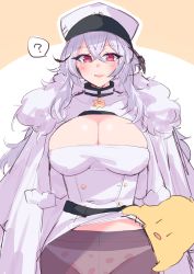 Rule 34 | 1girl, :d, ?, absurdres, azur lane, blush, breasts, cleavage, cleavage cutout, clothes lift, clothing cutout, coat, commentary request, food print, fur-trimmed coat, fur trim, gangut (azur lane), hat, highres, himiya jouzu, large breasts, long hair, looking at viewer, manjuu (azur lane), open mouth, panties, panties under pantyhose, pantyhose, peaked cap, print panties, red eyes, skirt, skirt lift, smile, spoken question mark, strawberry panties, strawberry print, underwear, white hair