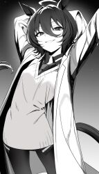 Rule 34 | 1girl, agnes tachyon (umamusume), ahoge, animal ears, arms up, coat, collared shirt, grey background, greyscale, hair between eyes, highres, horse ears, horse girl, horse tail, lab coat, looking at viewer, monochrome, naked labcoat, necktie, open clothes, open coat, pantyhose, shirt, short hair, simple background, smile, solo, stretching, sumiredoljo, sweater, tail, umamusume