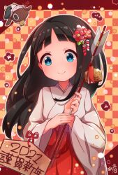 Rule 34 | 1girl, 2021, arrow (projectile), black hair, blue eyes, chinese zodiac, closed mouth, ensemble girls!, flower, highres, holding, holding arrow, japanese clothes, looking at viewer, miko, nengajou, new year, red flower, smile, solo, tsurumi himari, usari sk, year of the ox