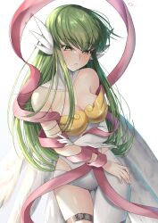 Rule 34 | absurdres, angewomon, angewomon (cosplay), asymmetrical clothes, blush, breasts, buckle, budgiepon, c.c., code geass, cosplay, cowboy shot, digimon, elbow gloves, gloves, green eyes, highres, long hair, medium breasts, ribbon, simple background, white background, yellow eyes