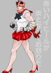 Rule 34 | 1boy, bare legs, bare shoulders, beard, bishoujo senshi sailor moon, blue eyes, boku no hero academia, bow, bowtie, cosplay, crossdressing, endeavor (boku no hero academia), facial hair, fire, high heels, highres, looking at viewer, male focus, mature male, mu2 mu2 mu2, muscular, muscular male, pectorals, power connection, red hair, red skirt, sailor mars, sailor mars (cosplay), sailor senshi uniform, scar, scar across eye, scar on face, short hair, sideburns, skirt, solo, spiked hair, standing, stubble, thighs, vambraces