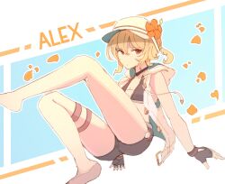 Rule 34 | 1girl, alex (dragalia lost), black gloves, black shorts, blonde hair, breasts, character name, cleavage, commentary, dragalia lost, english commentary, fingerless gloves, flower, frostfiresoul, gloves, hair between eyes, hat, hat flower, highres, looking at viewer, official alternate costume, red eyes, short hair, shorts, small breasts, solo, swimsuit, white hat