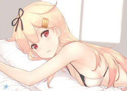 Rule 34 | 10s, 1girl, bare shoulders, bed, bed sheet, black ribbon, blonde hair, blush, bra, breast press, breasts, dan (kumadan), gradient hair, hair flaps, hair ribbon, kantai collection, long hair, looking at viewer, lying, medium breasts, midriff, multicolored hair, hugging object, on stomach, parted lips, pillow, pillow hug, red eyes, red hair, ribbon, sideboob, signature, solo, underwear, underwear only, upper body, white bra, yuudachi (kancolle), yuudachi kai ni (kancolle)
