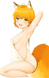 Rule 34 | 1girl, :d, absurdres, ahoge, animal ears, arm behind head, armpits, bad id, bad pixiv id, blush, breasts, covered erect nipples, fox ears, fox girl, fox tail, from side, green eyes, highres, large breasts, looking at viewer, no bra, no panties, open mouth, orange hair, original, presenting armpit, shirt, sideboob, simple background, sleeveless, sleeveless shirt, smile, solo, tail, white shirt, yagih
