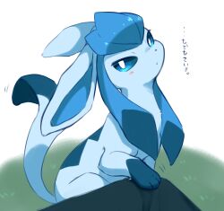 Rule 34 | animal focus, blue hair, blue sclera, blush, closed mouth, colored sclera, creatures (company), from side, game freak, gen 4 pokemon, glaceon, grass, head tilt, highres, ingi, japanese text, long hair, looking at viewer, multicolored hair, nintendo, on ground, pokemon, pokemon (creature), pov, sidelocks, simple background, sitting, solo focus, talking, translation request, two-tone hair, white background, white eyes