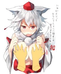 Rule 34 | 1girl, animal ears, bad id, bad pixiv id, blush, grabbing another&#039;s breast, breasts, clenched hand, clothes lift, commentary request, cropped torso, detached sleeves, fang, grabbing, hair between eyes, hands up, hat, inubashiri momiji, large breasts, long sleeves, looking at viewer, nose blush, open mouth, pom pom (clothes), red eyes, red skirt, shirt, shirt lift, silver hair, simple background, skirt, sleeveless, sleeveless shirt, solo focus, suminagashi, sweatdrop, tail, tassel, tokin hat, touhou, translation request, upper body, v-shaped eyebrows, white background, white shirt, wide sleeves, wolf ears, wolf tail