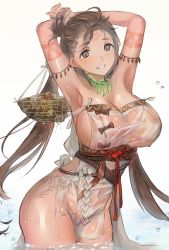 Rule 34 | 1girl, armpits, arms behind head, arms up, bare shoulders, basket, body markings, breasts, brown eyes, brown hair, clam, dress, facial mark, fate/grand order, fate (series), forehead, forehead mark, grin, highres, himiko (fate), himiko (first ascension) (fate), jewelry, katase bono, large breasts, long hair, looking at viewer, magatama, magatama necklace, necklace, no bra, no panties, sash, side slit, sideboob, smile, thighs, topknot, twintails, wading, water, wet, white dress