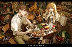 Rule 34 | 1boy, 1girl, absurdres, apple, blonde hair, blue eyes, blush, brown hair, collared shirt, commentary request, commission, denn (naluse flow), dress, egg (food), faucet, flower, food, fork, fruit, highres, long hair, open mouth, original, pants, pie, plate, shirt, short hair, short sleeves, sitting, table, teeth, tomato, translation request, upper teeth only, white dress, white shirt