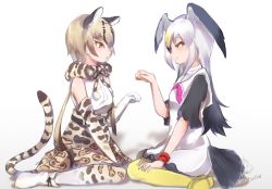 Rule 34 | 10s, 2girls, animal ears, bare shoulders, belt, bird tail, bird wings, black-tailed gull (kemono friends), black hair, blonde hair, boots, bow, bowtie, brown hair, commentary request, dress, elbow gloves, facing another, gloves, head wings, kemono friends, long hair, looking at another, multicolored hair, multiple girls, neckerchief, ocelot (kemono friends), ocelot print, pantyhose, paw pose, sailor collar, scarf, shoes, short hair, short sleeves, signature, sitting, skirt, smile, tail, tatsuno newo, thighhighs, vest, wariza, white hair, wings