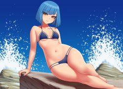 Rule 34 | 1girl, artist name, bare arms, bare legs, bare shoulders, barefoot, bikini, blonde hair, blue bikini, blue hair, blue nails, bob cut, breasts, collarbone, commentary, commission, eyes visible through hair, kuroonehalf, looking at viewer, nail polish, navel, original, parted lips, rock, short hair, sitting, small breasts, smile, solo, swimsuit, yellow eyes