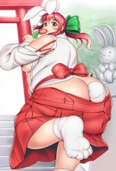 Rule 34 | 1girl, animal ears, ass, back bow, bare shoulders, blush, bow, breasts, butt crack, carrot, commentary request, fat, foot out of frame, from behind, green bow, hair between eyes, hair bow, highres, huge ass, implied object insertion, inamori futayo, large breasts, long sleeves, looking at viewer, no mouth, original, orizen, ponytail, rabbit ears, rabbit statue, rabbit tail, red eyes, red hair, sidelocks, socks, soles, solo, stairs, standing, standing on one leg, statue, tail, tareme, torii, tree, whiskers, white background, white socks