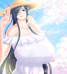Rule 34 | 1girl, absurdres, black eyes, black hair, breasts, covered erect nipples, flower, hasshaku-sama, hat, highres, huge breasts, long hair, looking at viewer, nail polish, open mouth, smile, solo, straw hat, tagme, upper body