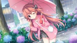 Rule 34 | 1girl, bag, blue flower, bow, breasts, buttons, cityscape, collarbone, dot nose, dutch angle, film grain, flower, flower request, game cg, grey bow, grey skirt, haeno akari, hair bow, handbag, holding, holding umbrella, izumi tsubasu, jacket, leaning forward, long hair, looking at viewer, medium breasts, miniskirt, non-web source, official art, one eye closed, orange hair, outdoors, pink flower, pink jacket, pink umbrella, plaid, plaid skirt, puddle, purple eyes, rain, re:stage!, red umbrella, shirt, skirt, sky, smile, solo, sparkle, stone walkway, suit jacket, tree, two side up, umbrella, under umbrella, very long hair, white bag, white shirt