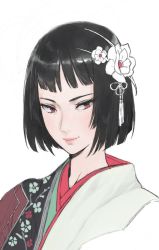 Rule 34 | 1girl, black hair, closed mouth, flower, hair flower, hair ornament, highres, hirooka masaki, japanese clothes, kimono, original, pink lips, portrait, red eyes, short hair, simple background, smile, solo, upper body, white background, white flower