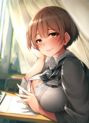 Rule 34 | 1girl, bad id, bad pixiv id, black necktie, blurry, blurry background, blush, bra, breasts, brown eyes, brown hair, buttons, cardigan, classroom, cleavage, closed mouth, collared shirt, commentary request, curtains, depth of field, desk, hand on own cheek, hand on own face, head rest, highres, indoors, large breasts, long sleeves, looking at viewer, necktie, original, paper, partially unbuttoned, purple bra, rerrere, school desk, school uniform, shirt, shirt tug, short hair, sidelocks, smile, solo, striped necktie, striped neckwear, underwear, upper body, white shirt