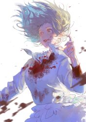 Rule 34 | 1girl, absurdres, backlighting, blood, blood on clothes, blood on face, blood splatter, body fur, chinese commentary, collared shirt, crazy eyes, dungeon meshi, eyelashes, falin touden, falin touden (chimera), floating hair, grey hair, hand up, highres, long sleeves, looking ahead, luori dianxin, monster girl, motion blur, outstretched arm, shirt, short hair, simple background, slit pupils, smile, solo, spoilers, upper body, white background, white shirt