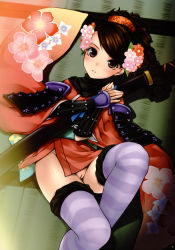 Rule 34 | 1girl, absurdres, armor, blush, bottomless, brown eyes, brown hair, censored, comb, floral print, flower, gauntlets, hair flower, hair ornament, highres, japanese clothes, katana, kimono, lying, momohime, no panties, oboro muramasa, ooji, ponytail, purple thighhighs, pussy, short kimono, solo, striped clothes, striped thighhighs, sword, thighhighs, weapon