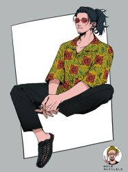 Rule 34 | 1boy, black footwear, black hair, black pants, blonde hair, boku no hero academia, border, closed mouth, collared shirt, commentary request, eraser head (boku no hero academia), facial hair, floral print, green shirt, grey border, hair up, hawaiian shirt, highres, inset, leg hair, long hair, male focus, open mouth, outside border, own hands clasped, own hands together, pants, ponytail, present mic, print shirt, red-tinted eyewear, rnuyvm, shirt, shoes, simple background, sitting, smile, solo, stubble, sunglasses, tinted eyewear, translation request, v, white background