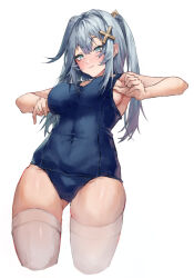 Rule 34 | 1girl, absurdres, blue eyes, blue hair, blue one-piece swimsuit, blush, breasts, closed mouth, clothes pull, covered navel, cropped legs, faruzan (genshin impact), genshin impact, gluteal fold, hair ornament, highres, large breasts, long hair, looking at viewer, one-piece swimsuit, one-piece swimsuit pull, school swimsuit, sidelocks, solo, swimsuit, symbol-shaped pupils, thighhighs, triangle-shaped pupils, twintails, white background, white thighhighs, x hair ornament, yuukiey