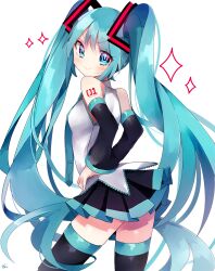 Rule 34 | 1girl, absurdres, blue eyes, blue hair, blush, detached sleeves, from behind, hair ornament, hands on own hips, hatsune miku, highres, koyubisennti, long hair, long sleeves, looking at viewer, looking back, necktie, pleated skirt, power symbol-shaped pupils, shirt, skirt, sleeveless, sleeveless shirt, smile, solo, sparkle, symbol-shaped pupils, thighhighs, twintails, v-shaped eyebrows, very long hair, vocaloid