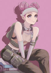Rule 34 | 1girl, absurdres, apex legends, backpack, bag, between legs, black pants, breasts, brown tank top, cosplay, d.o.c. health drone, detached sleeves, earpiece, hair behind ear, hand between legs, headband, highres, laica (nekologos games), leaning forward, lifeline (apex legends), lifeline (apex legends) (cosplay), looking at viewer, mask, mask around neck, medium breasts, nekologos games, non-humanoid robot, pants, pink background, pink eyes, pink hair, potato (ewokakupotato), pouch, robot, sitting, smile, solo, tank top, white headband