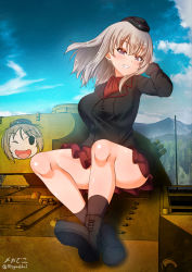 Rule 34 | 1girl, blue eyes, blush, breasts, girls und panzer, hat, highres, itsumi erika, kuromorimine military uniform, large breasts, looking at viewer, megadeko, military, military hat, military uniform, military vehicle, miniskirt, motor vehicle, outdoors, pleated skirt, red skirt, shiny skin, silver hair, sitting, skirt, sky, smile, solo, tank, uniform