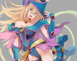 Rule 34 | 1girl, :d, bare shoulders, belt, blonde hair, blue eyes, blush stickers, breasts, cape, choker, cleavage, dark magician girl, gem, groin, hat, hat tip, highleg, hip focus, hyocorou, large breasts, long hair, looking at viewer, nail polish, off shoulder, open mouth, pentagram, pink nails, pink skirt, skirt, smile, solo, staff, vambraces, very long hair, wizard hat, yu-gi-oh!