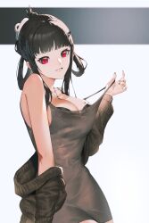 Rule 34 | 1girl, absurdres, black bra, black hair, black nails, black sweater, bra, breasts, cleavage, clothes pull, d (killer wife) (nikke), d (nikke), dongtan dress, dress, dress pull, goddess of victory: nikke, grey dress, highres, jeeboon, jewelry, large breasts, long hair, long sleeves, looking at viewer, meme attire, necklace, off shoulder, pulled by self, red eyes, simple background, smile, solo, sweater, underwear