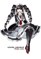 Rule 34 | 10s, 1girl, black hair, black thighhighs, bonnet, celestia ludenberg, character name, claw ring, copyright name, covering own mouth, danganronpa: trigger happy havoc, danganronpa (series), dress shirt, drill hair, full body, gothic lolita, headdress, high heels, jacket, lolita fashion, long hair, looking at viewer, mary janes, necktie, own hands clasped, own hands together, red eyes, red footwear, shirt, shoes, simple background, sitting, skirt, solo, starshadowmagician, strappy heels, thighhighs, twin drills, twintails, white background