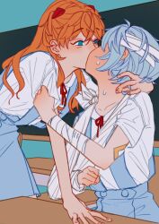 Rule 34 | 2girls, absurdres, arm sling, ayanami rei, bandaged arm, bandaged head, bandages, blue eyes, blue skirt, blush, classroom, commentary, desk, english commentary, hand on another&#039;s neck, highres, indoors, interface headset, kiss, kkbardd, long hair, looking at another, multiple girls, neck ribbon, neon genesis evangelion, orange hair, red ribbon, ribbon, school desk, school uniform, shirt, short sleeves, skirt, souryuu asuka langley, suspender skirt, suspenders, sweat, tokyo-3 middle school uniform, white shirt, yuri