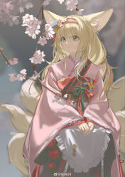 Rule 34 | 1girl, absurdres, animal ears, apron, arknights, blonde hair, closed mouth, fox ears, fox girl, fox tail, frilled apron, frills, green eyes, hairband, highres, japanese clothes, kimono, long hair, long sleeves, ns404, obi, official alternate costume, pink kimono, pinwheel, red hairband, sash, solo, suzuran (arknights), suzuran (yukibare) (arknights), tail, waist apron, white apron