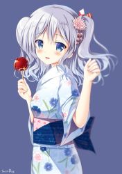 Rule 34 | 10s, 1girl, artist name, blue eyes, blush, candy apple, commentary request, flower, food, from side, hair flower, hair ornament, holding, japanese clothes, kantai collection, kashima (kancolle), kimono, long hair, looking at viewer, open mouth, sash, sidelocks, silver hair, simple background, smile, solo, sousouman, tsurime, twintails, wavy hair, yukata