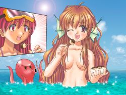Rule 34 | :d, animal ears, artist request, character request, fins, food, goggles, head fins, heart, heart in mouth, non-web source, octopus, one eye closed, open mouth, orange hair, red eyes, red hair, smile, source request, takoyaki, techgian, topless, water, wink