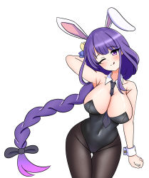 Rule 34 | 1girl, ;q, alternate costume, animal ears, arm behind head, armpits, bare shoulders, bent over, between breasts, black leotard, black pantyhose, blunt bangs, bow, braid, breasts, cleavage, collarbone, commentary, covered navel, detached collar, english commentary, fake animal ears, firli (ard), genshin impact, gradient hair, hair bow, hair ornament, hair ribbon, head tilt, highres, large breasts, leotard, long hair, looking at viewer, low-braided long hair, low-tied long hair, low ponytail, multicolored hair, necktie, necktie between breasts, one eye closed, pantyhose, playboy bunny, purple eyes, purple hair, rabbit ears, raiden shogun, ribbon, sidelocks, simple background, single braid, smile, solo, strapless, strapless leotard, tongue, tongue out, white background, wrist cuffs