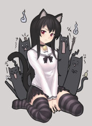 Rule 34 | 1girl, animal ears, annoyed, black hair, cat, cat ears, cat tail, choker, frown, head bump, head tilt, hitodama, k+, long hair, looking at viewer, original, pleated skirt, red eyes, school uniform, serafuku, sitting, skirt, solo, striped clothes, striped thighhighs, tail, thighhighs, v arms, wariza, zettai ryouiki