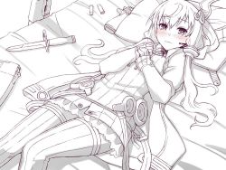 Rule 34 | 1girl, blush, closed mouth, criss-cross halter, dress, embarrassed, greyscale, gun, hair ornament, hair spread out, halterneck, handgun, itou (onsoku tassha), knife, long sleeves, lying, microphone, monochrome, on back, on bed, own hands together, pillow, pistol, short dress, sleeves past wrists, solo, spot color, striped clothes, striped thighhighs, tears, thighhighs, vertical-striped clothes, vertical-striped thighhighs, voiceroid, weapon, yuzuki yukari