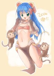 Rule 34 | 1girl, 2016, :3, animal ears, bikini, bikini top only, blue hair, blush, boots, bow, brown bikini, brown capelet, brown gloves, capelet, cat brooch, chinese zodiac, commentary request, emurin, flat chest, full body, gloves, green eyes, hair bow, jumping, long hair, looking at viewer, mage (ragnarok online), majiko (emurin), midriff, monkey, monkey ears, navel, open mouth, pelvic curtain, ragnarok online, red bow, red footwear, red skirt, showgirl skirt, skirt, smile, swimsuit, year of the monkey, yoyo (ragnarok online)